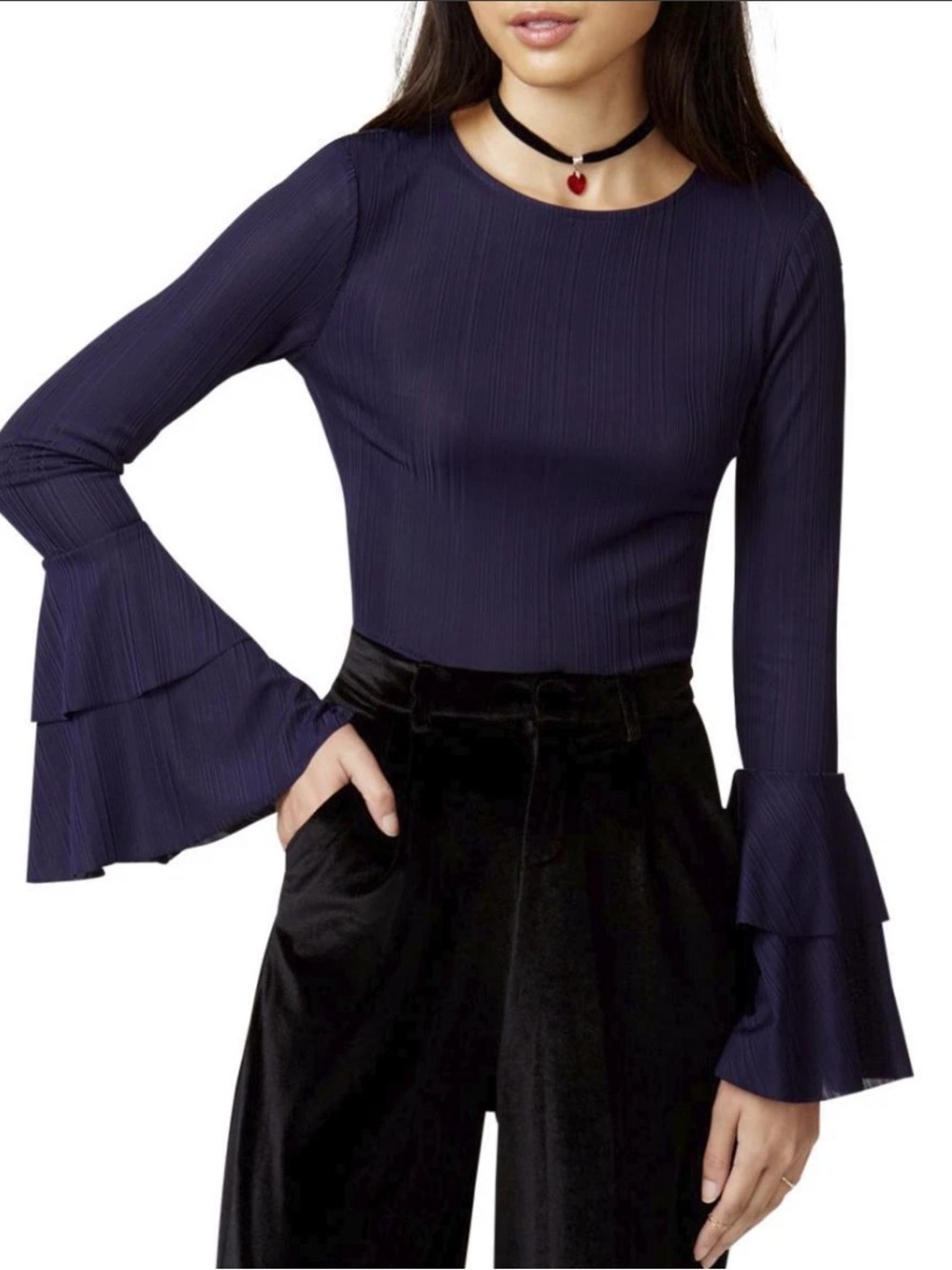 J.O.A. Navy Ribbed Long-Sleeve Top with Tiered Bell Sleeves
